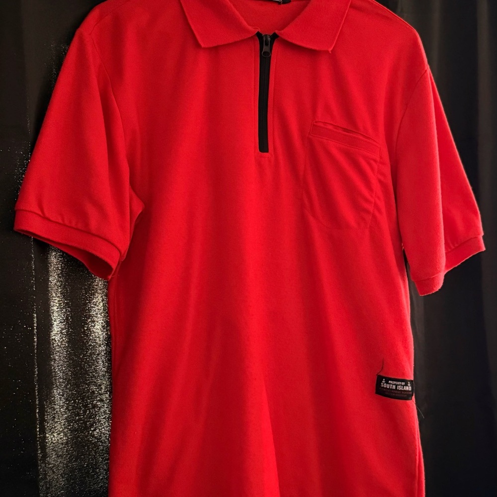 Men's Red Short-Sleeve Polo with Zip Placket and Chest Pocket